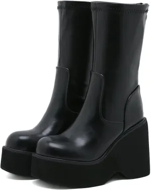 Women's Black Leather Platform Gothic Mid-calf Boots with Pull-Back Fashion Round Toe Simple Wedge Heel Non-slip Punk Knee-High Combat Boots