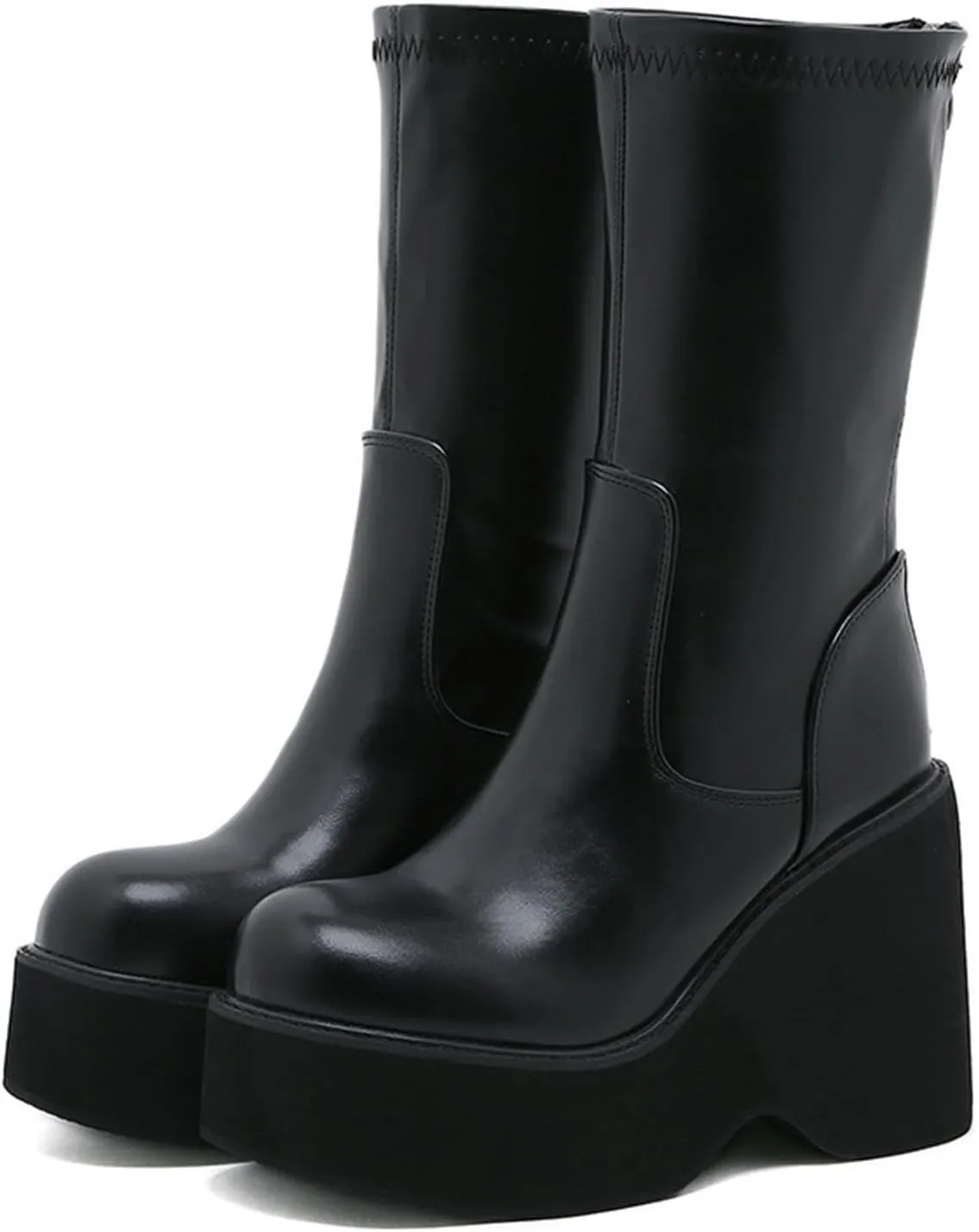 Women's Black Leather Platform Gothic Mid-calf Boots with Pull-Back Fashion Round Toe Simple Wedge Heel Non-slip Punk Knee-High Combat Boots