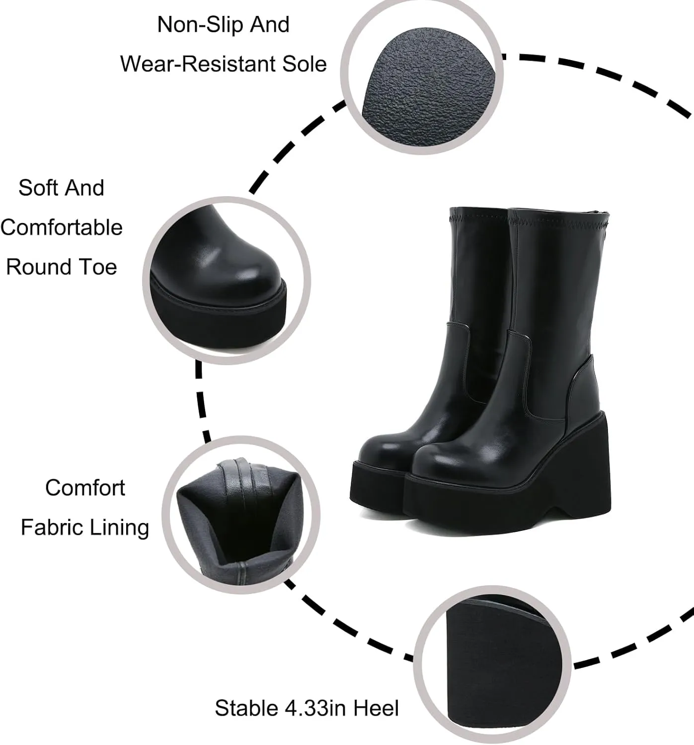 Women's Black Leather Platform Gothic Mid-calf Boots with Pull-Back Fashion Round Toe Simple Wedge Heel Non-slip Punk Knee-High Combat Boots