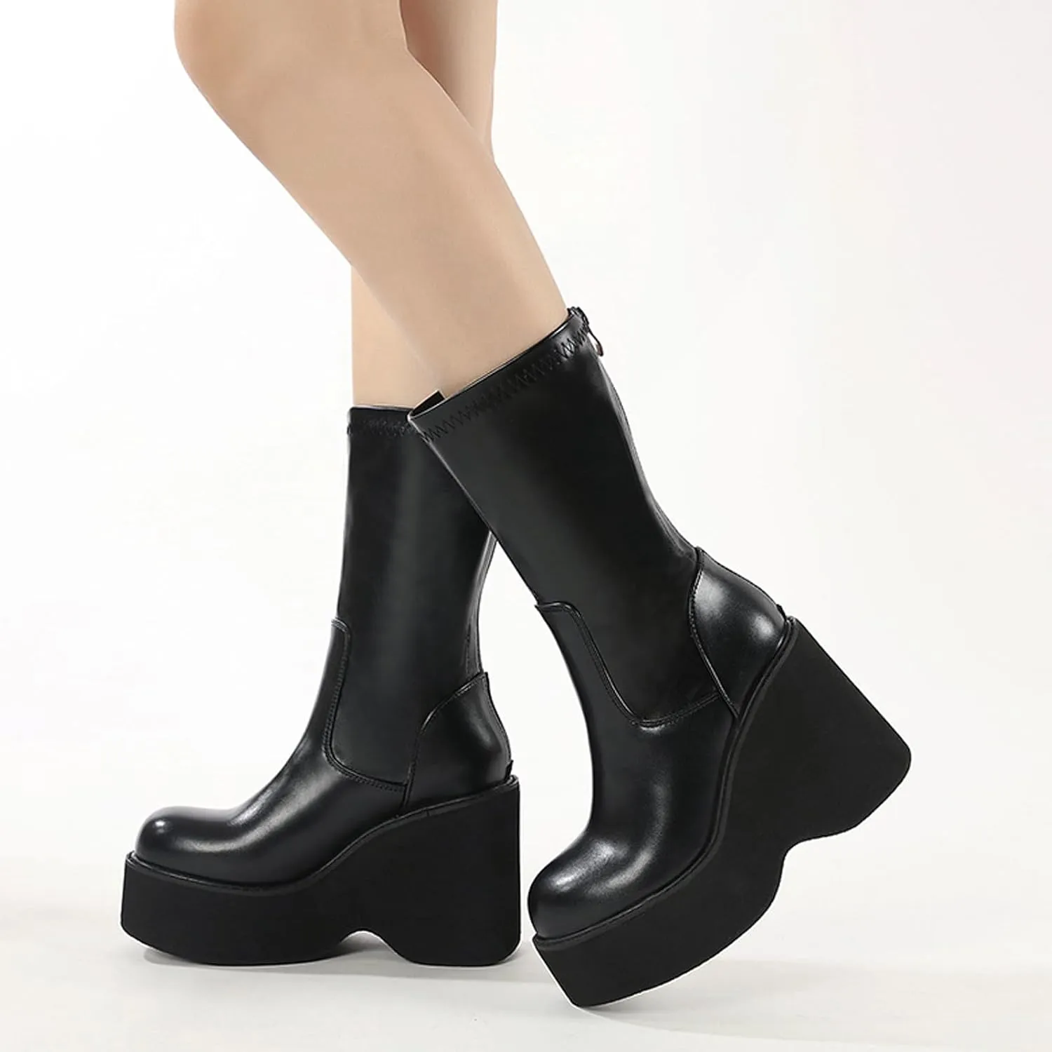 Women's Black Leather Platform Gothic Mid-calf Boots with Pull-Back Fashion Round Toe Simple Wedge Heel Non-slip Punk Knee-High Combat Boots