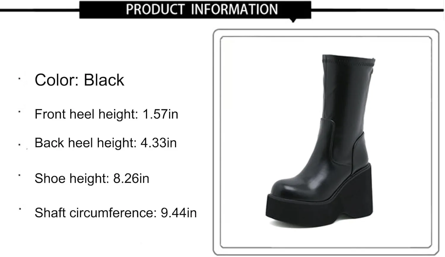 Women's Black Leather Platform Gothic Mid-calf Boots with Pull-Back Fashion Round Toe Simple Wedge Heel Non-slip Punk Knee-High Combat Boots