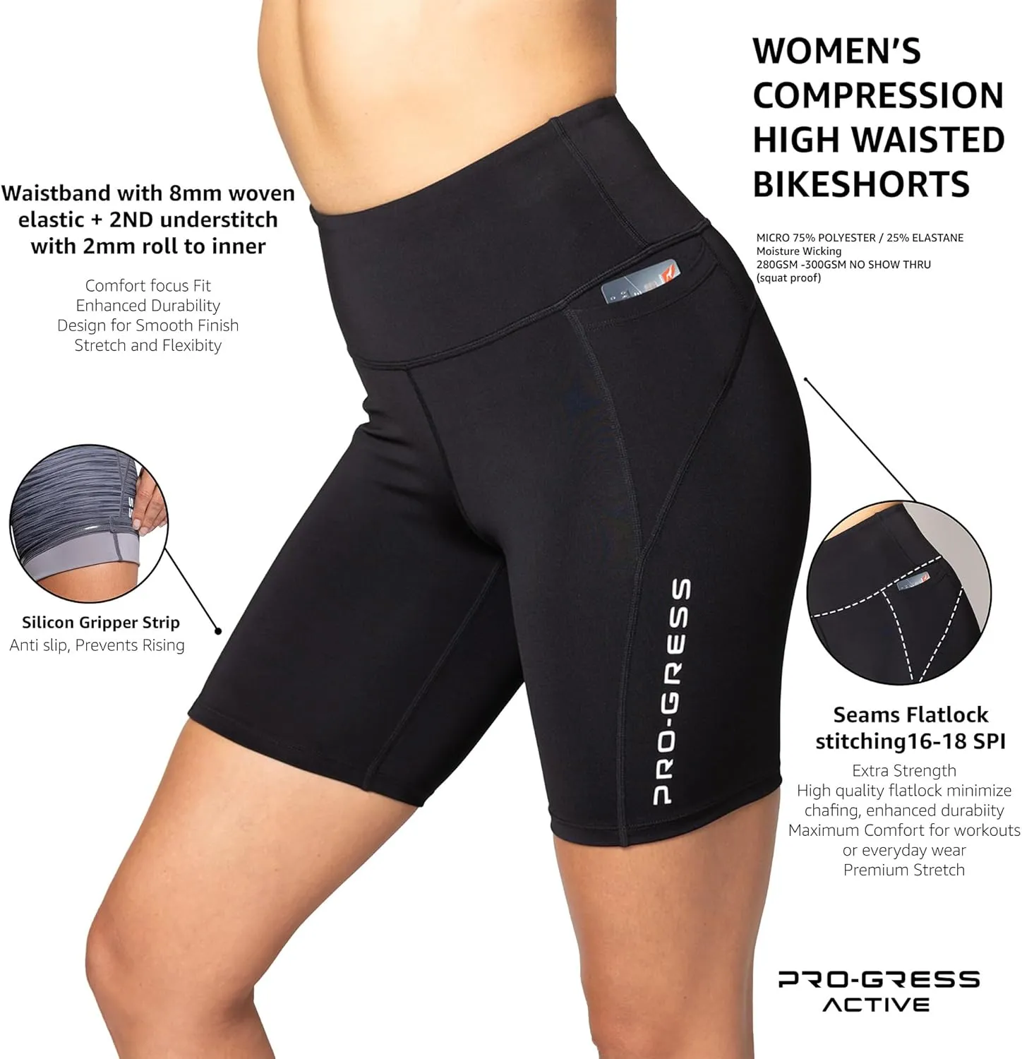 Women's High Waist Compression Shorts. Workout, Running, Bike, Yoga w.Small Credit Card Pocket. Leg Grip