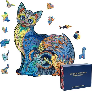 Wood Cut Puzzles, Wooden Jigsaw Puzzles, Animals Shaped Unique Wooden Puzzles for Adults and Kids, Cool Gadgets Magic Liberty Puzzles, Cute cat Mother and Kitten (Small 100 pcs)