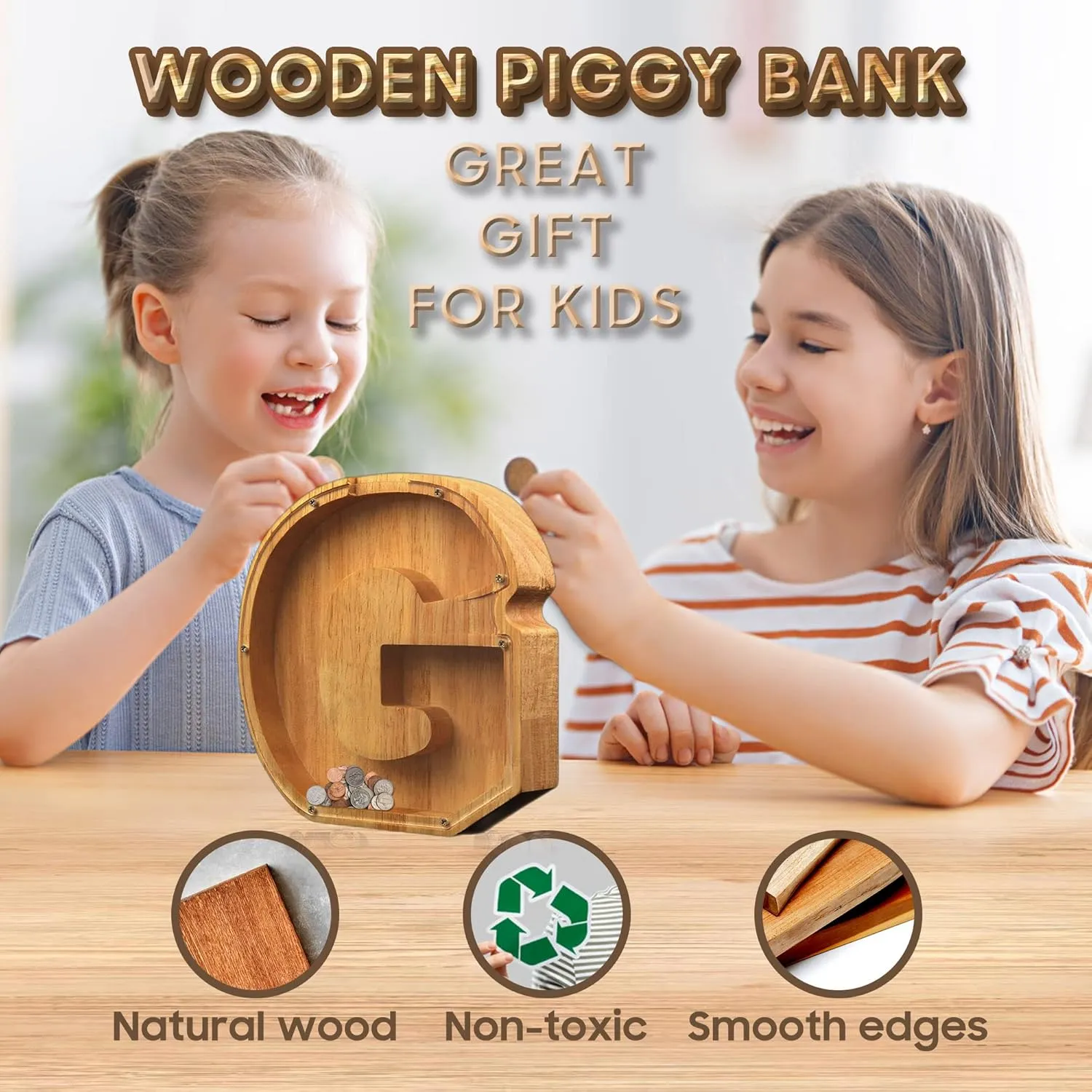 Wood Piggy-Bank Letter for Kids Boys Adults Large Personalized Piggy-Bank 26 Alphabet Custom Name Coin Bank, DIY A-Z Letter Money Bank, Perfect for Gift and Home Decoration
