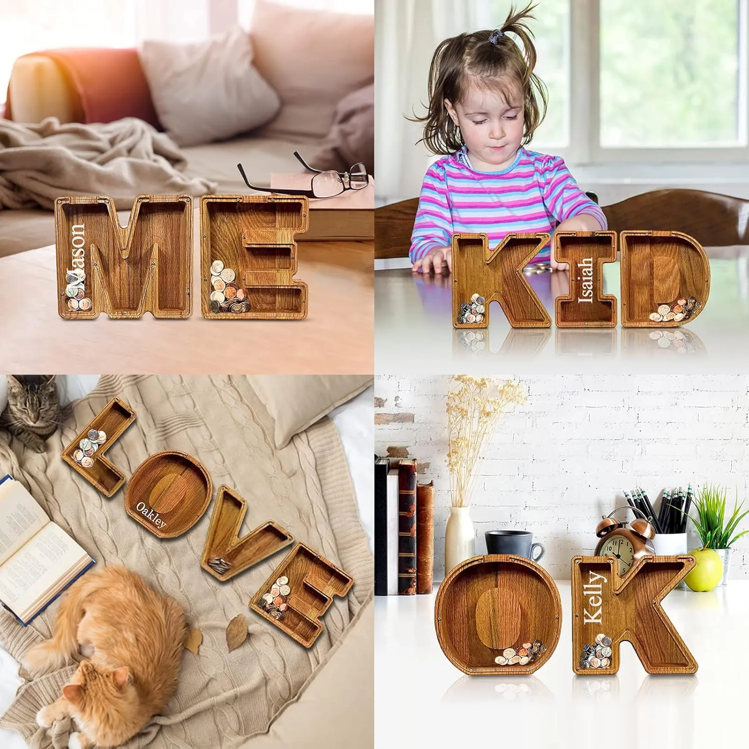 Wood Piggy-Bank Letter for Kids Boys Adults Large Personalized Piggy-Bank 26 Alphabet Custom Name Coin Bank, DIY A-Z Letter Money Bank, Perfect for Gift and Home Decoration
