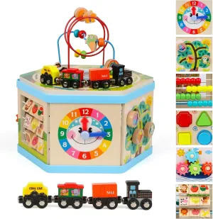 Wooden Activity Cube 9-in-1 Montessori Toys for 1  Year Old Boys Girls Educational Learning Toys for Toddlers Age 1-2 One Year Old First Birthday Gift Bead Maze Magnetic Trains Track Shape Sorter