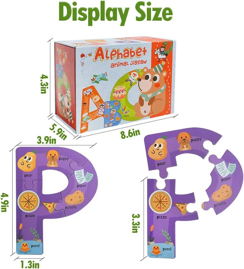 Wooden Jumbo Alphabet ABC Letter Toddler Puzzles Color Shape Animals Recognition Montessori STEM Jigsaw Preschool Learning Educational Toy for Kids 3 4 5 Years Old Boys Girls