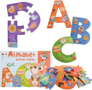 Wooden Jumbo Alphabet ABC Letter Toddler Puzzles Color Shape Animals Recognition Montessori STEM Jigsaw Preschool Learning Educational Toy for Kids 3 4 5 Years Old Boys Girls