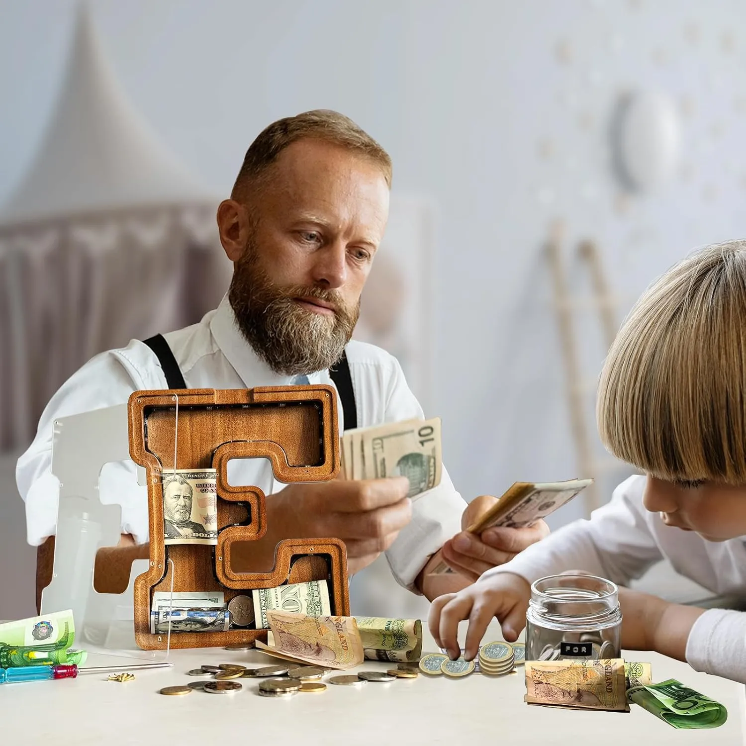 Wooden Letter Piggy Bank for Kids,9inch Kids Money Bank with LED Lights, Alphabet Coin Jar(A-Z), Birthday Gift for Kids, Toys for Boys and Girls(S)