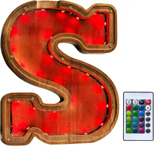 Wooden Letter Piggy Bank for Kids,9inch Kids Money Bank with LED Lights, Alphabet Coin Jar(A-Z), Birthday Gift for Kids, Toys for Boys and Girls(S)