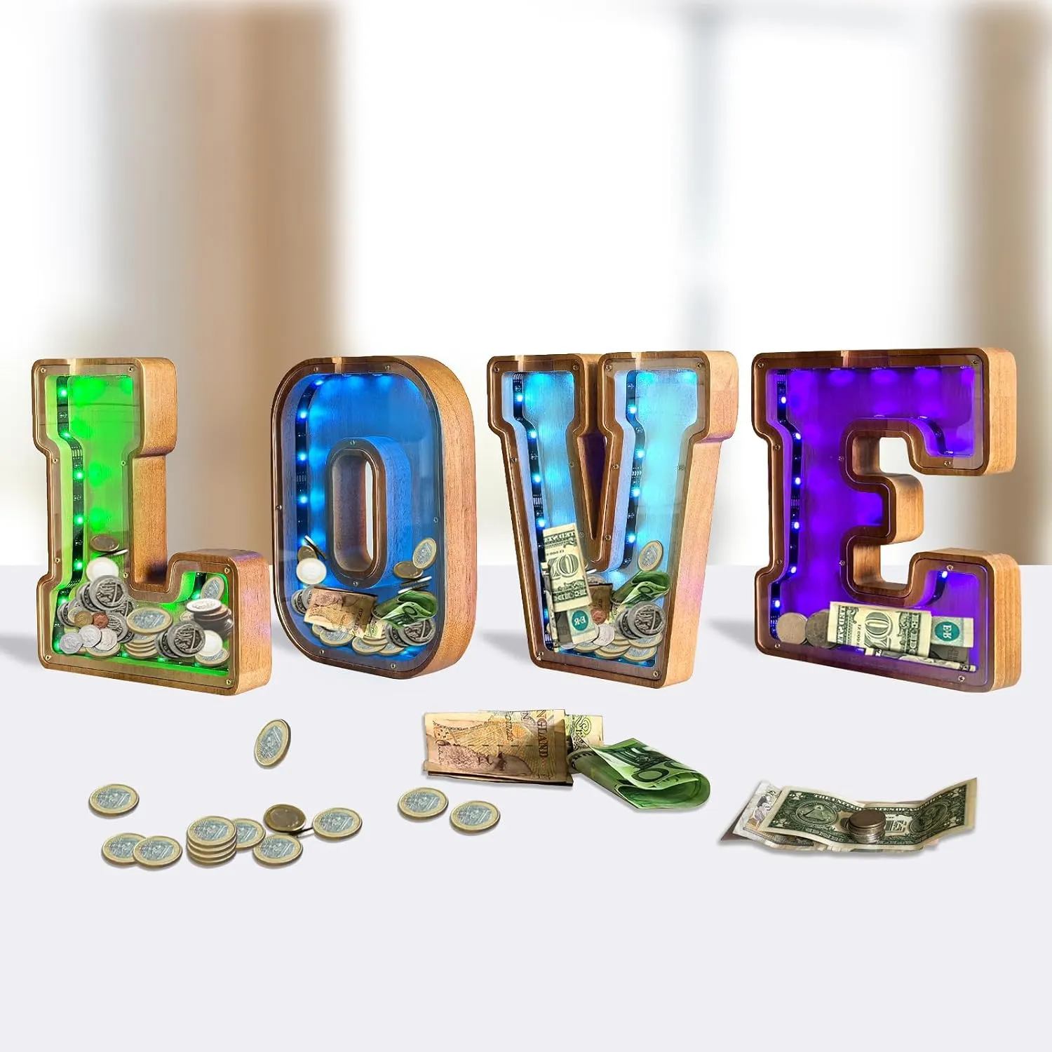 Wooden Letter Piggy Bank for Kids,9inch Kids Money Bank with LED Lights, Alphabet Coin Jar(A-Z), Birthday Gift for Kids, Toys for Boys and Girls(S)