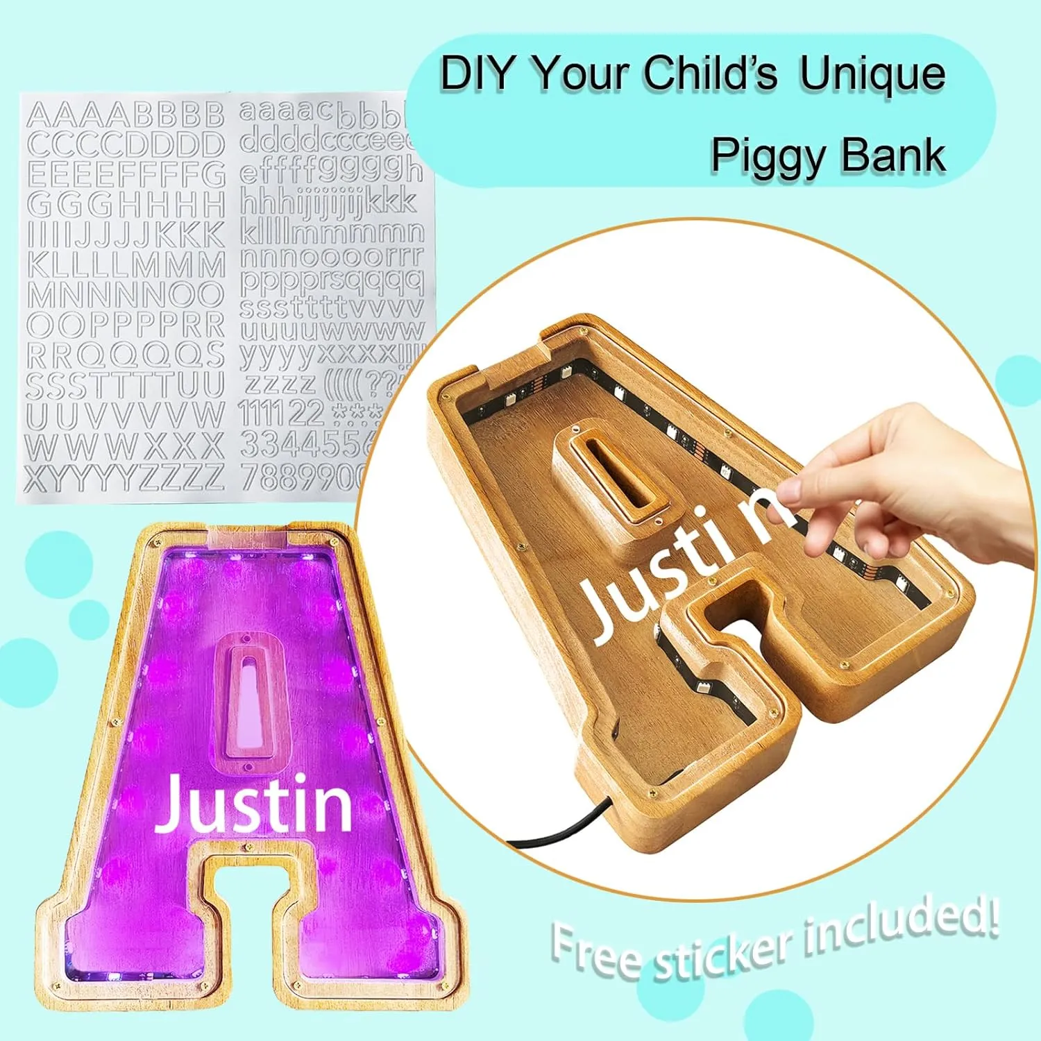 Wooden Letter Piggy Bank for Kids,9inch Kids Money Bank with LED Lights, Alphabet Coin Jar(A-Z), Birthday Gift for Kids, Toys for Boys and Girls(S)