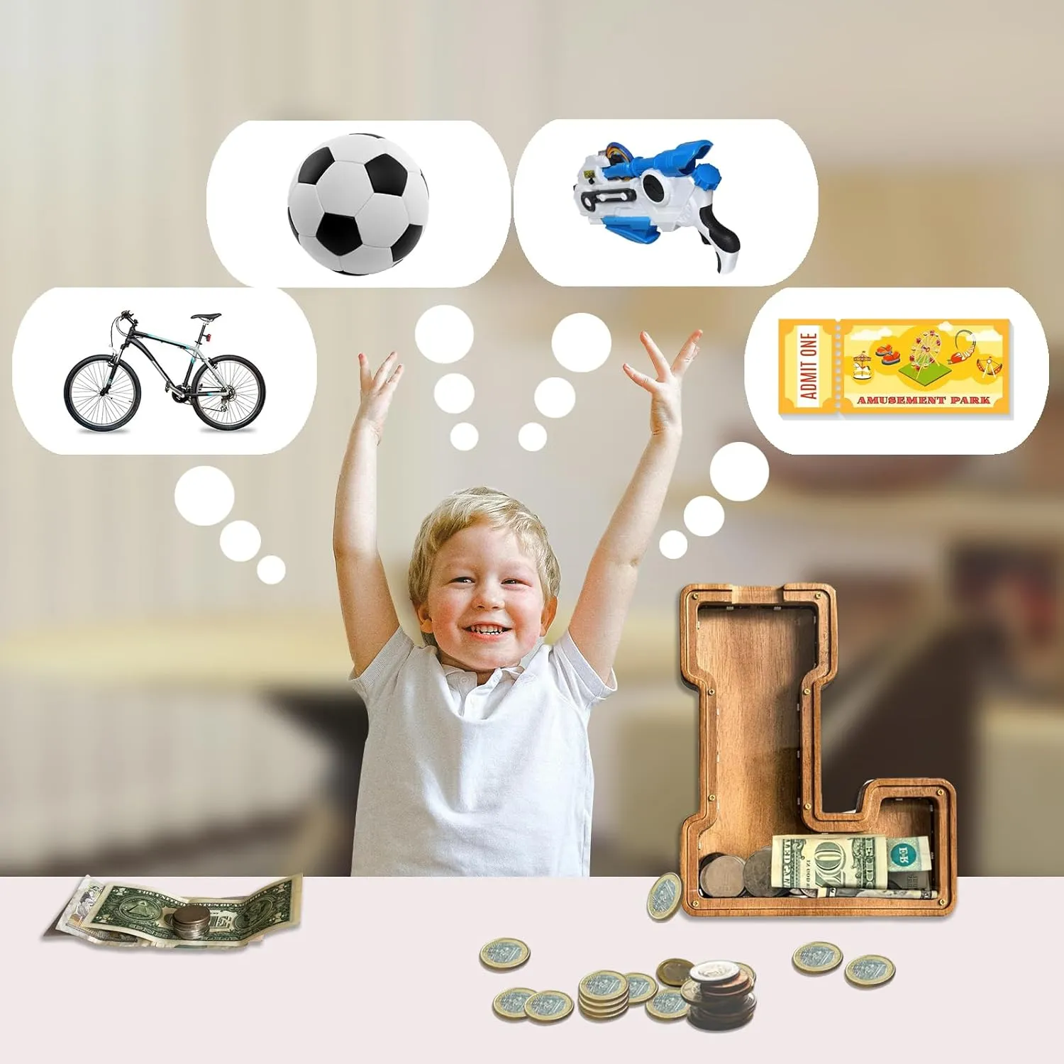 Wooden Letter Piggy Bank for Kids,9inch Kids Money Bank with LED Lights, Alphabet Coin Jar(A-Z), Birthday Gift for Kids, Toys for Boys and Girls(S)