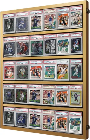 Wooden Sports Card Display Case, Lockable Plexiglas Frame with UV Protection for 35 Graded Baseball, Football, and Basketball Trading Cards, Wall Display Holder for Collectors, Gold