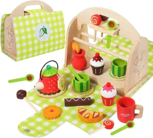 Wooden Tea Party Set for Little Girls with Handbag, Pretend Play Food Toys Kitchen Accessories Playset for Kids Toddlers 2 3 4 5