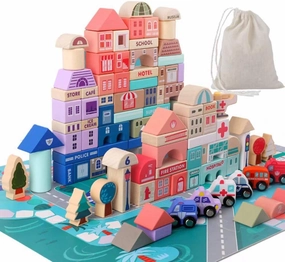 Wooden Building Blocks Set, City Construction Stacker Stacking Preschool Learning Educational Toys, Toddler Toys for 3  Year Old Boy and Girl Gifts