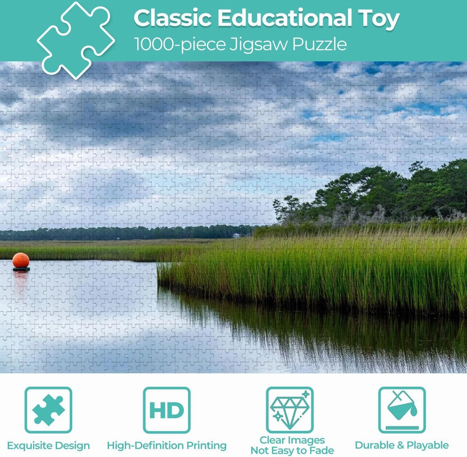 Wooden Jigsaw Puzzles for Adults 1000 Pieces Early Morning Sunlight Reflected Waterway Salt Marsh Fun and Challenging Board Puzzles Large Educational Game Kids Toys Gift Home Decor