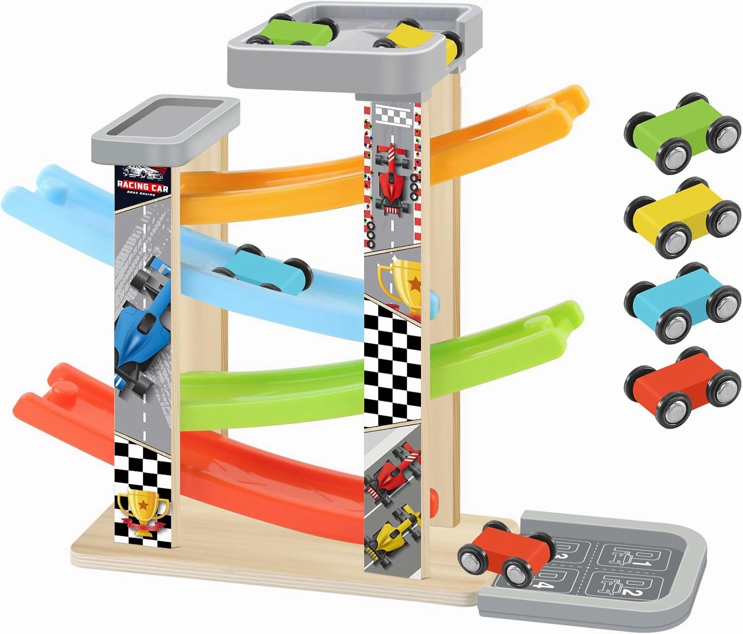 Wooden Race Track Car Ramp Toy, Montessori Car Ramp Set with 4 Mini Cars, 4 Ramps, Parking Lots – Educational Gift for Boys & Girls 3 Years Toys
