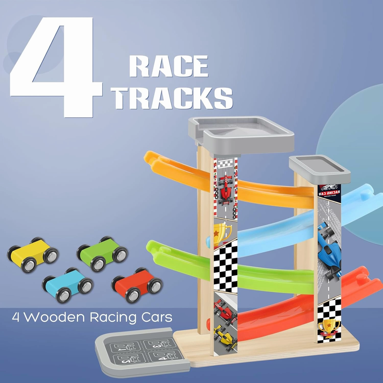 Wooden Race Track Car Ramp Toy, Montessori Car Ramp Set with 4 Mini Cars, 4 Ramps, Parking Lots – Educational Gift for Boys & Girls 3 Years Toys