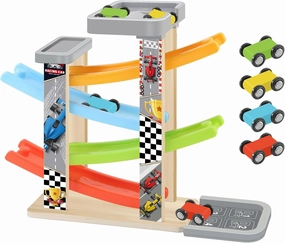 Wooden Race Track Car Ramp Toy, Montessori Car Ramp Set with 4 Mini Cars, 4 Ramps, Parking Lots – Educational Gift for Boys & Girls 3 Years Toys