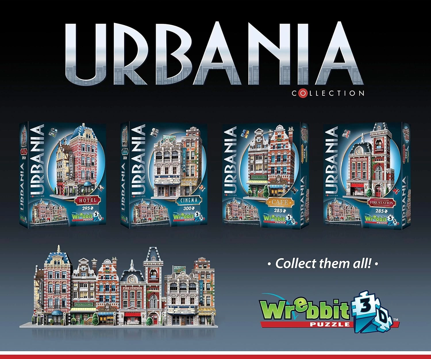 Wrebbit 3D Puzzle, Urbania Collection Bundle of 4 Includes-Cinema, FIRE Station,CAFÉ and Hotel 3D Jigsaw Puzzle. (Total 1165 Pieces)