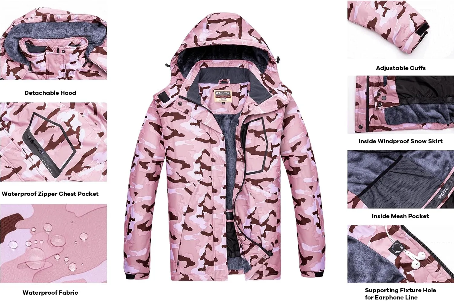 WULFUL Women’s Waterproof Snow Ski Jacket Mountain Windproof Winter Coat with Detachable Hood