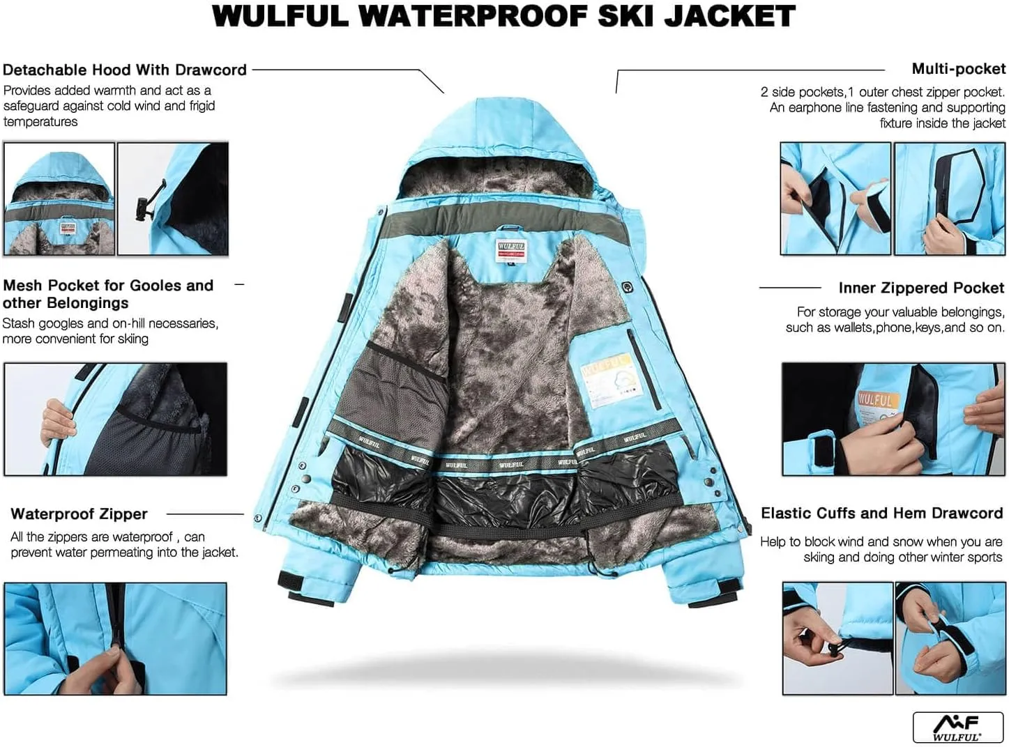 WULFUL Women’s Waterproof Snow Ski Jacket Mountain Windproof Winter Coat with Detachable Hood