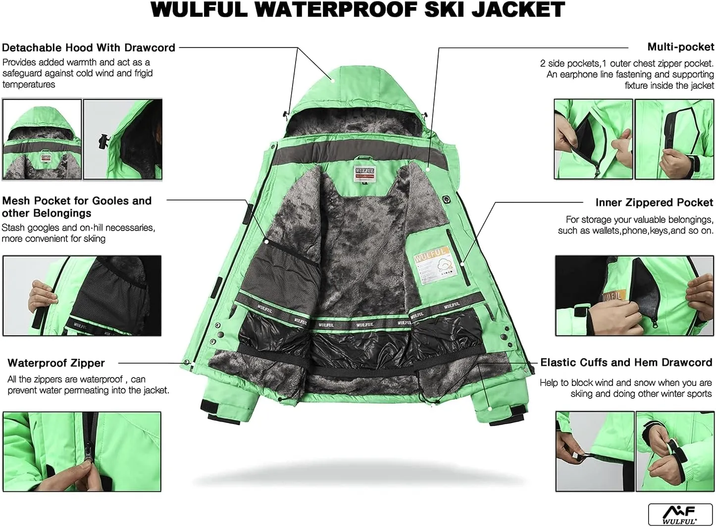 WULFUL Women’s Waterproof Snow Ski Jacket Mountain Windproof Winter Coat with Detachable Hood
