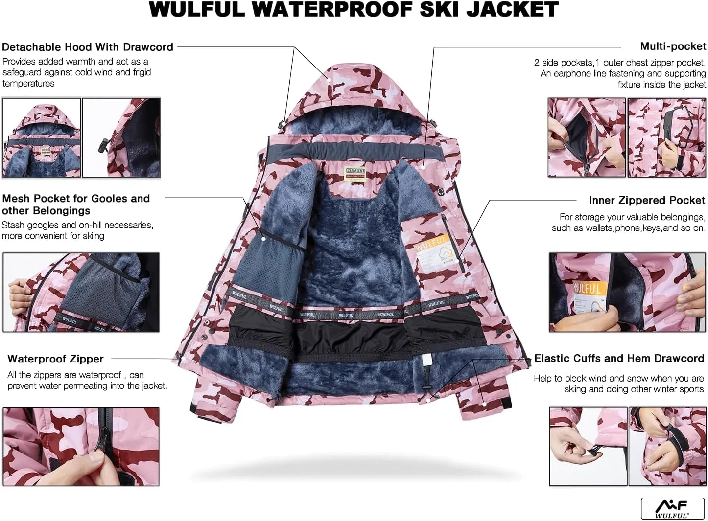 WULFUL Women’s Waterproof Snow Ski Jacket Mountain Windproof Winter Coat with Detachable Hood