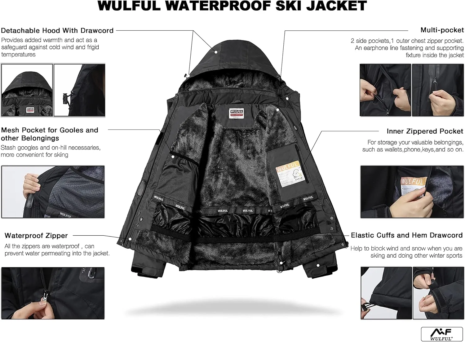 WULFUL Women’s Waterproof Snow Ski Jacket Mountain Windproof Winter Coat with Detachable Hood