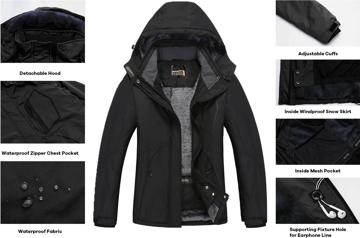 WULFUL Women’s Waterproof Snow Ski Jacket Mountain Windproof Winter Coat with Detachable Hood