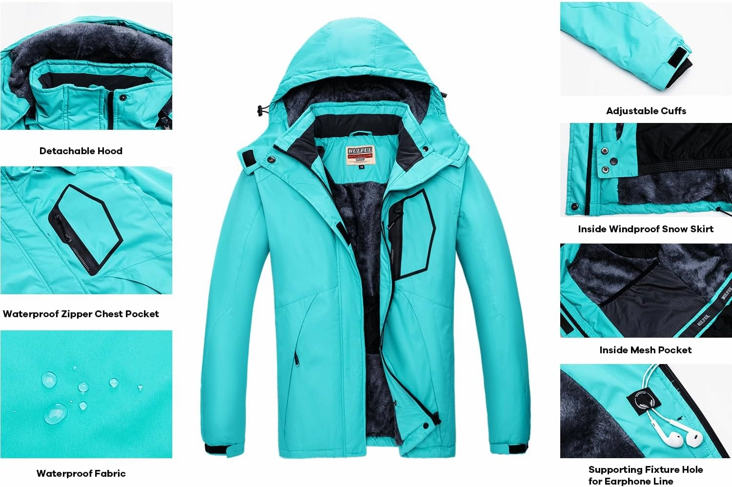 WULFUL Women’s Waterproof Snow Ski Jacket Mountain Windproof Winter Coat with Detachable Hood