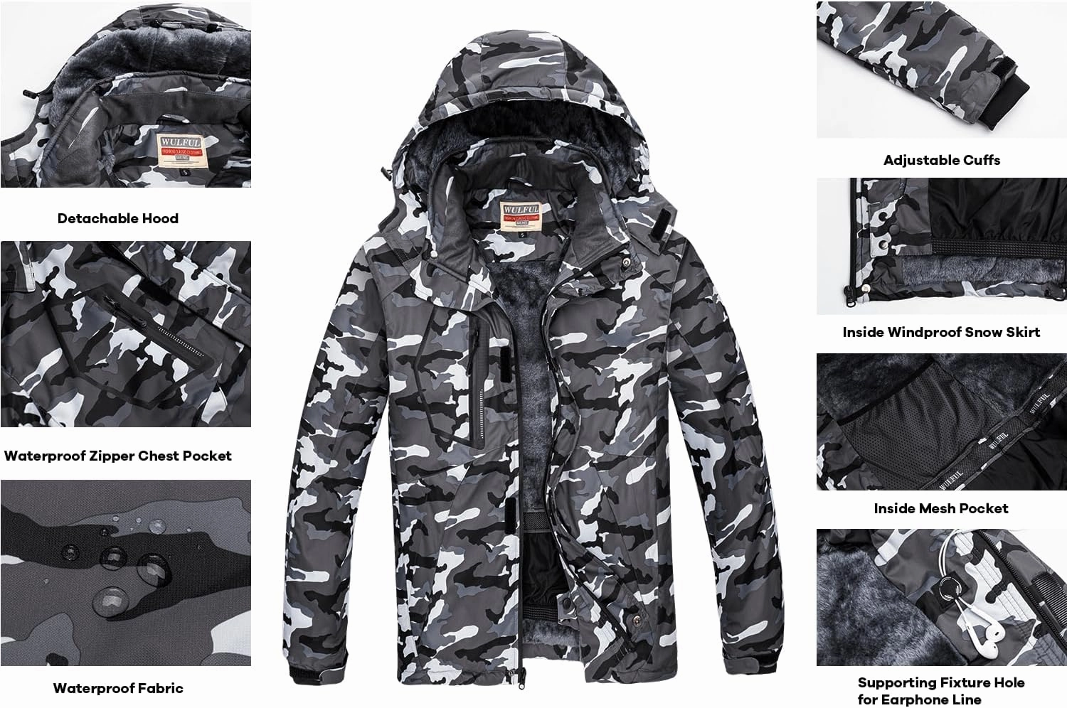 WULFUL Women’s Waterproof Snow Ski Jacket Mountain Windproof Winter Coat with Detachable Hood