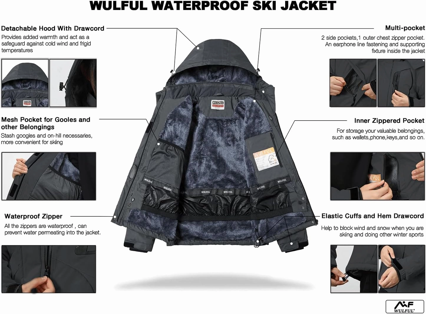 WULFUL Women’s Waterproof Snow Ski Jacket Mountain Windproof Winter Coat with Detachable Hood