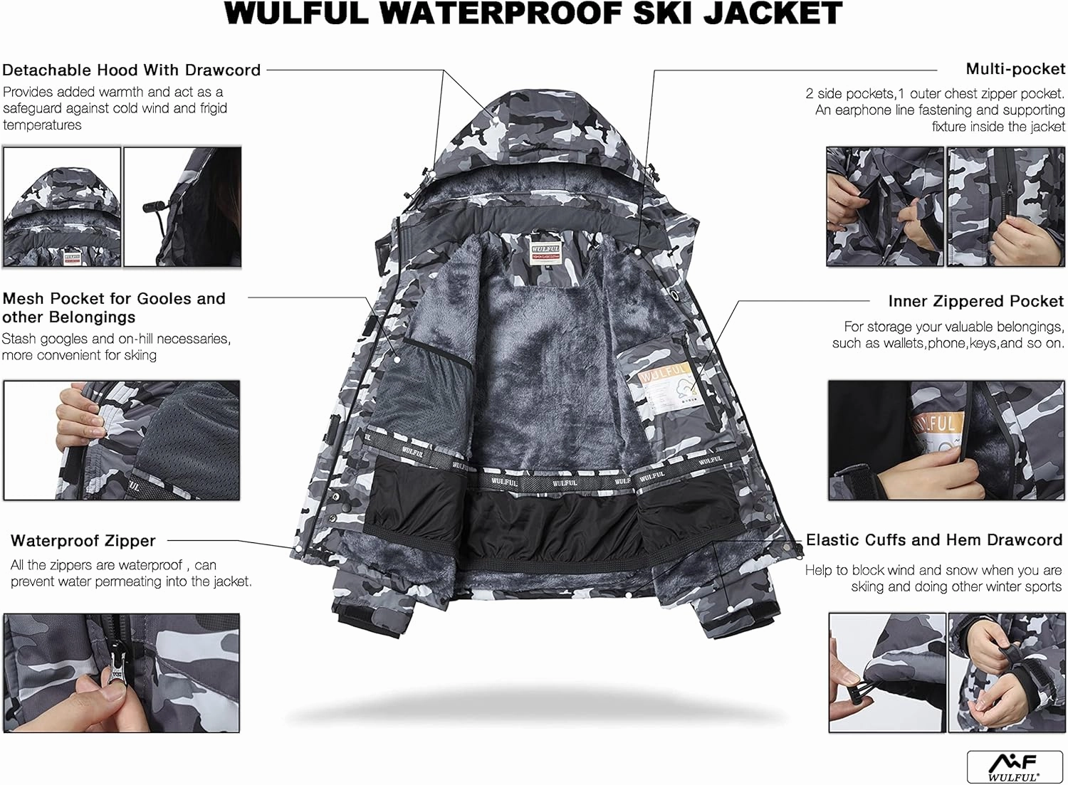 WULFUL Women’s Waterproof Snow Ski Jacket Mountain Windproof Winter Coat with Detachable Hood
