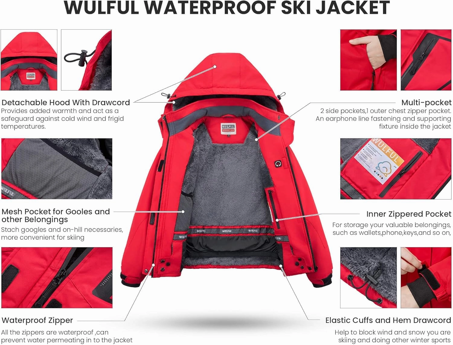 WULFUL Women’s Waterproof Snow Ski Jacket Mountain Windproof Winter Coat with Detachable Hood