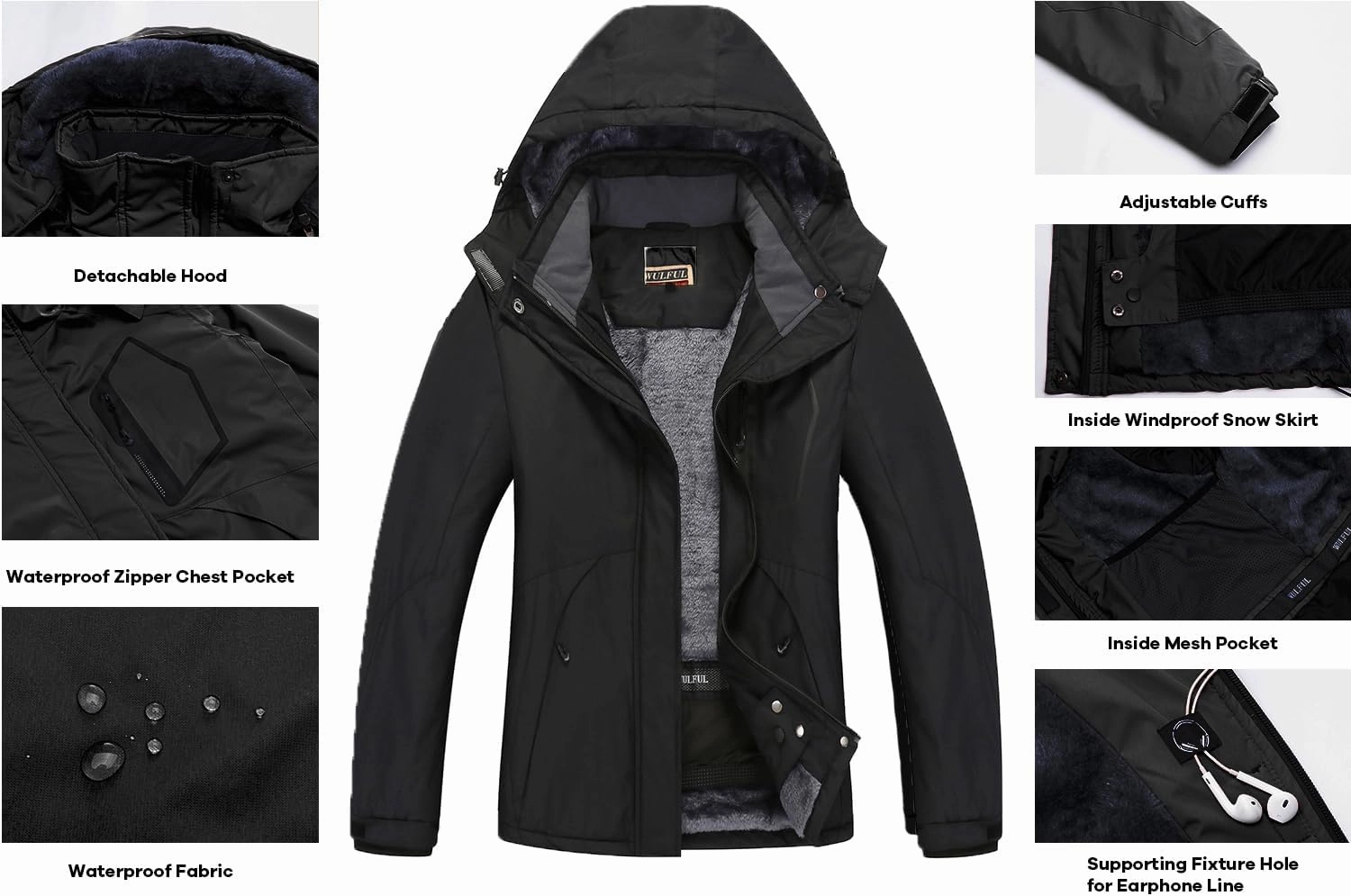 WULFUL Women’s Waterproof Snow Ski Jacket Mountain Windproof Winter Coat with Detachable Hood