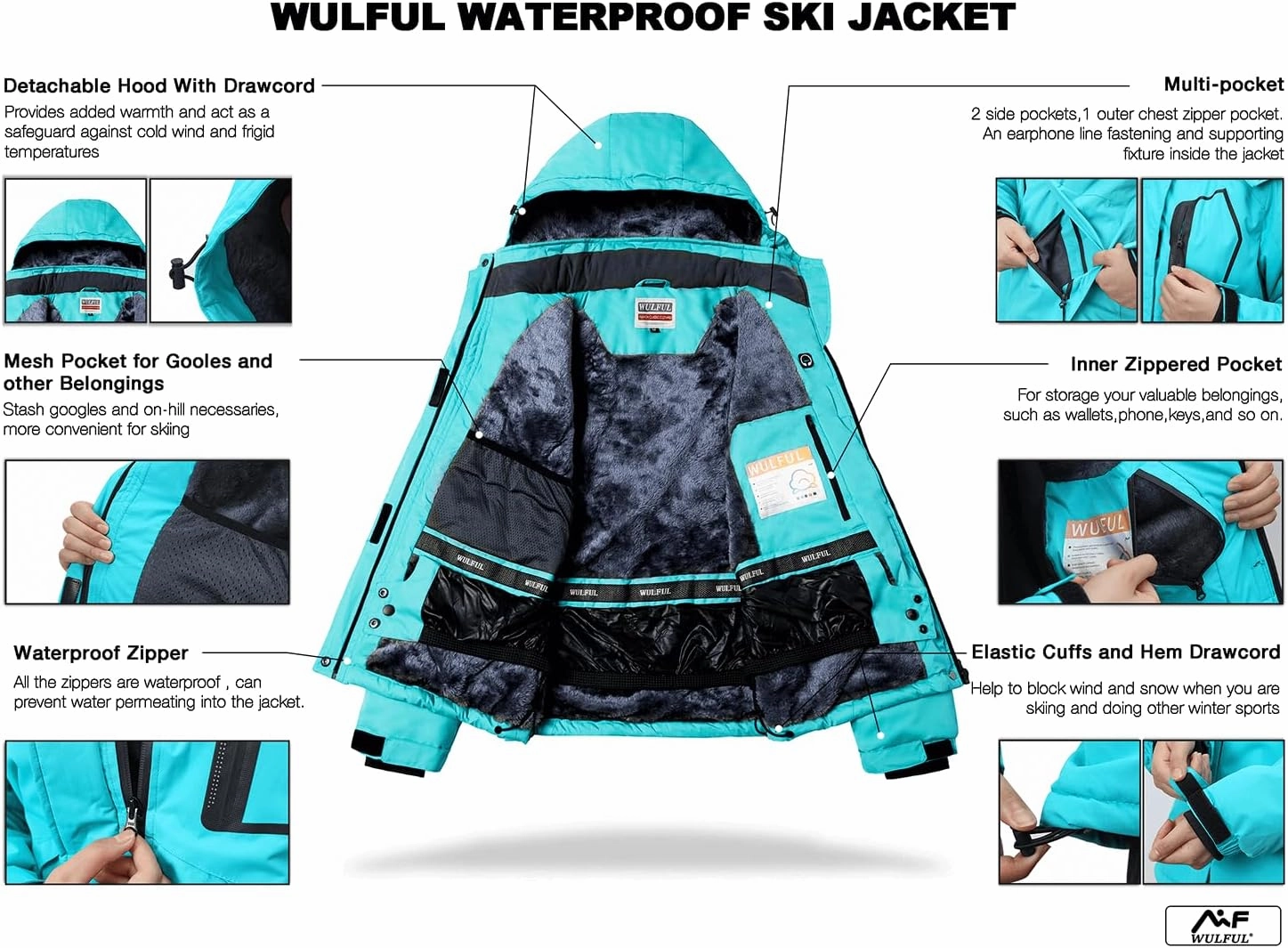 WULFUL Women’s Waterproof Snow Ski Jacket Mountain Windproof Winter Coat with Detachable Hood
