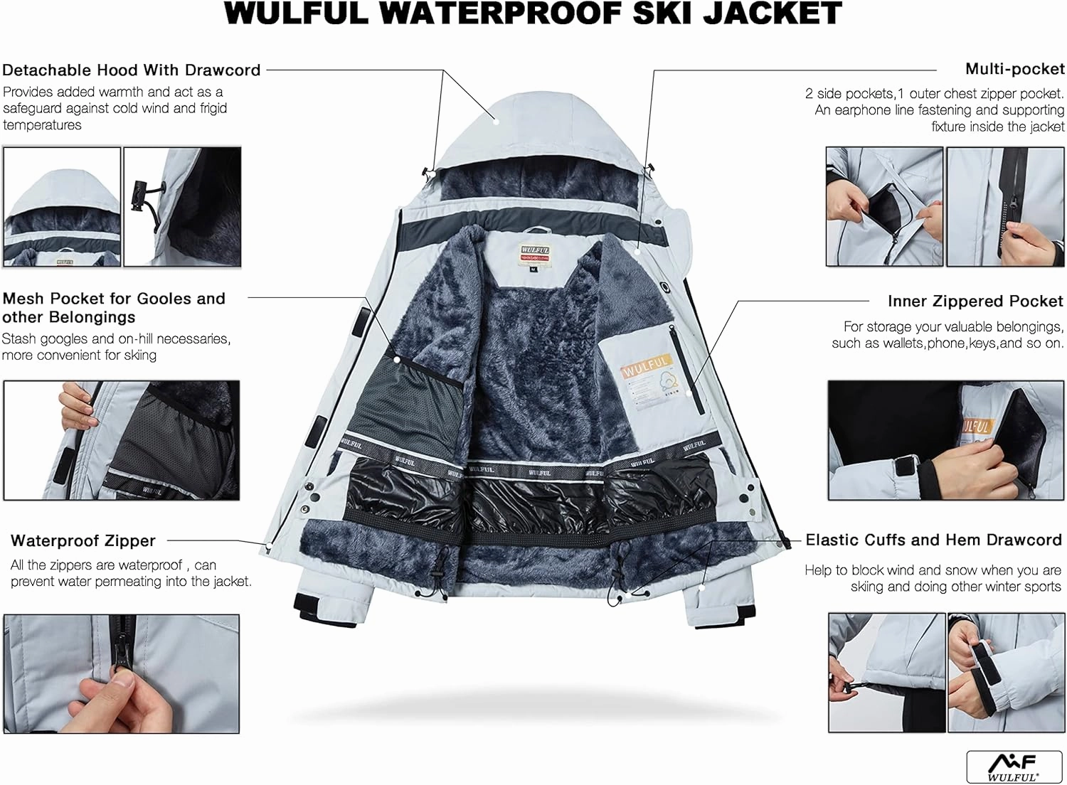 WULFUL Women’s Waterproof Snow Ski Jacket Mountain Windproof Winter Coat with Detachable Hood