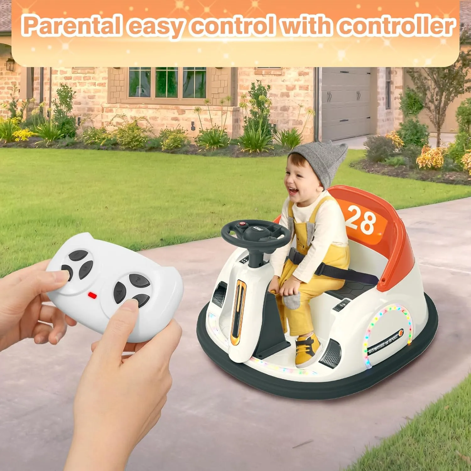 XJD 12V Baby Bumper Car for Toddlers 1-3, Remote Control Baby Electric Ride On Toy with MP3, Colorful LED Light Strip, 360° Spin Toddler Bumper Car (Orange)
