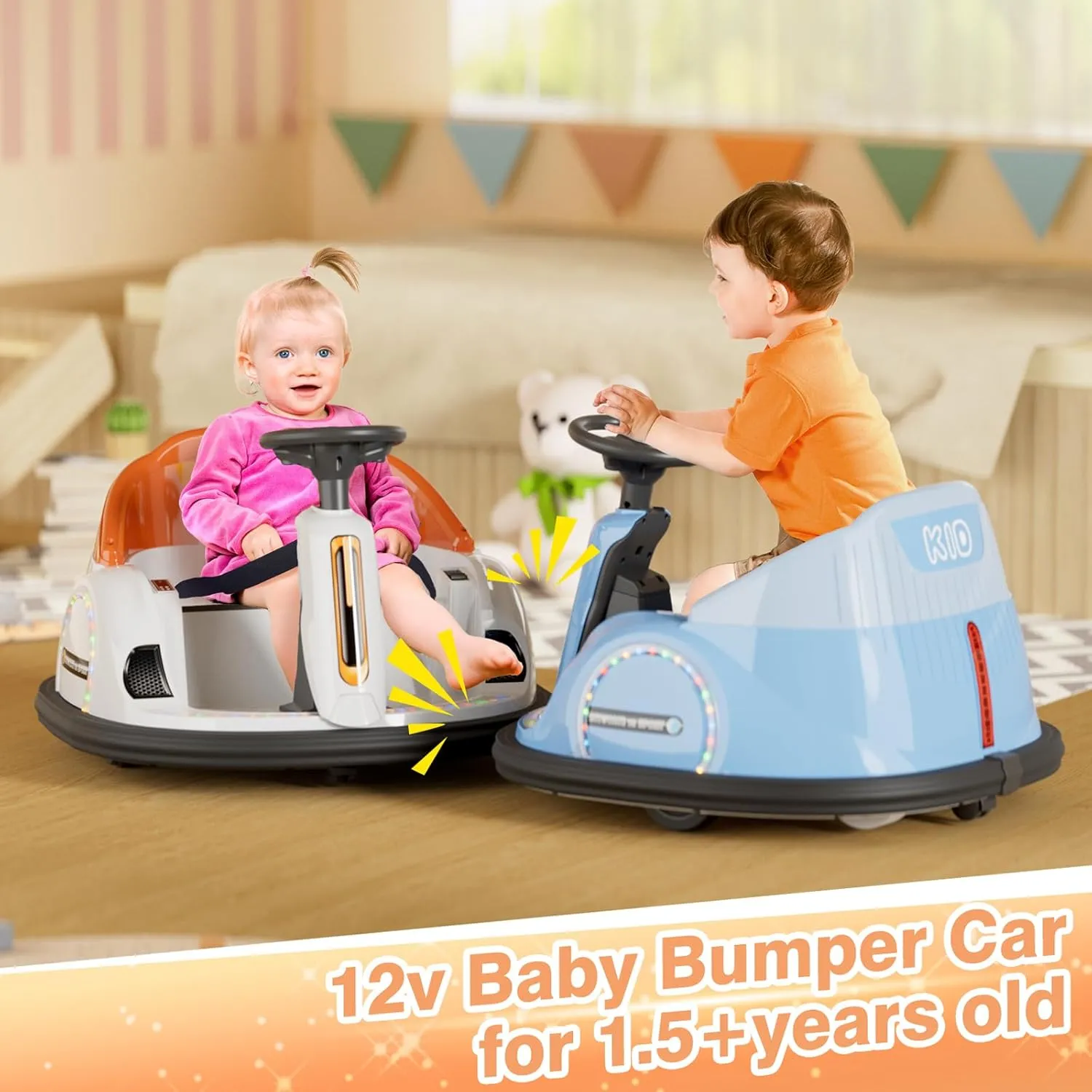XJD 12V Baby Bumper Car for Toddlers 1-3, Remote Control Baby Electric Ride On Toy with MP3, Colorful LED Light Strip, 360° Spin Toddler Bumper Car (Orange)