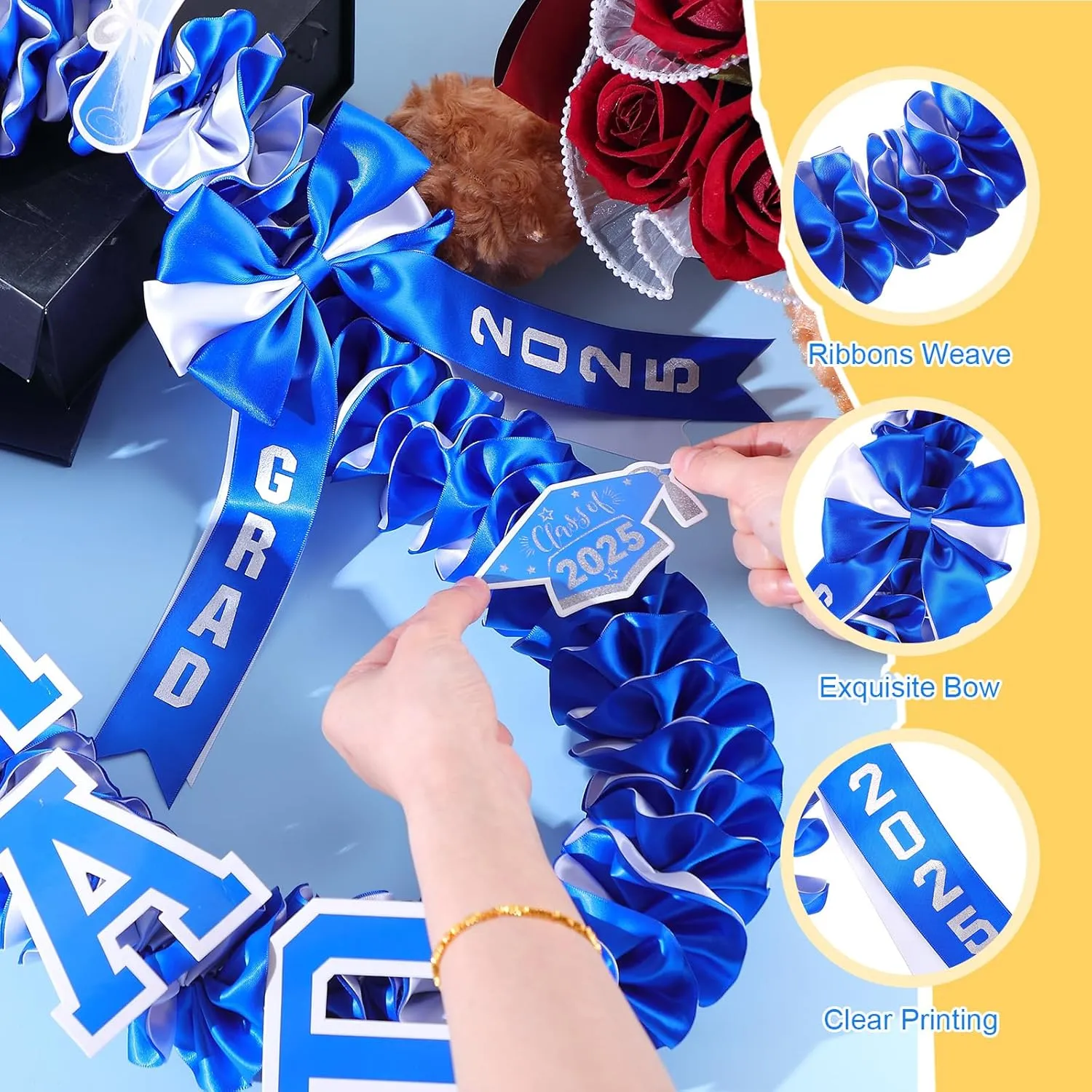 Yinkin Graduation Ribbon Leis Set Class of 2025 Handmade Double Braided Necklace Adjustable Silk Leis Grad Cutouts 2025 Pendant for Graduation Party(Blue and White)
