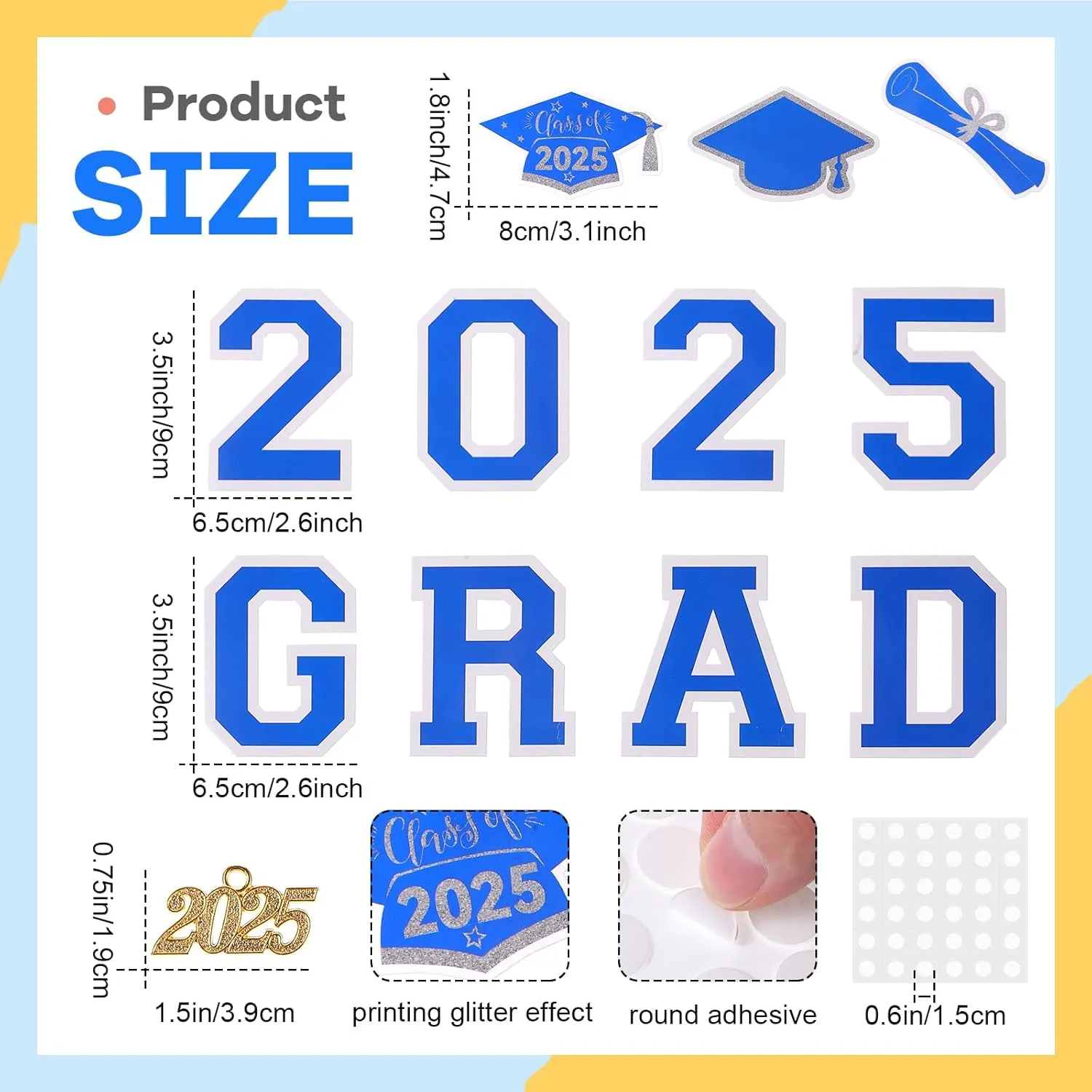 Yinkin Graduation Ribbon Leis Set Class of 2025 Handmade Double Braided Necklace Adjustable Silk Leis Grad Cutouts 2025 Pendant for Graduation Party(Blue and White)