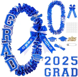 Yinkin Graduation Ribbon Leis Set Class of 2025 Handmade Double Braided Necklace Adjustable Silk Leis Grad Cutouts 2025 Pendant for Graduation Party(Blue and White)