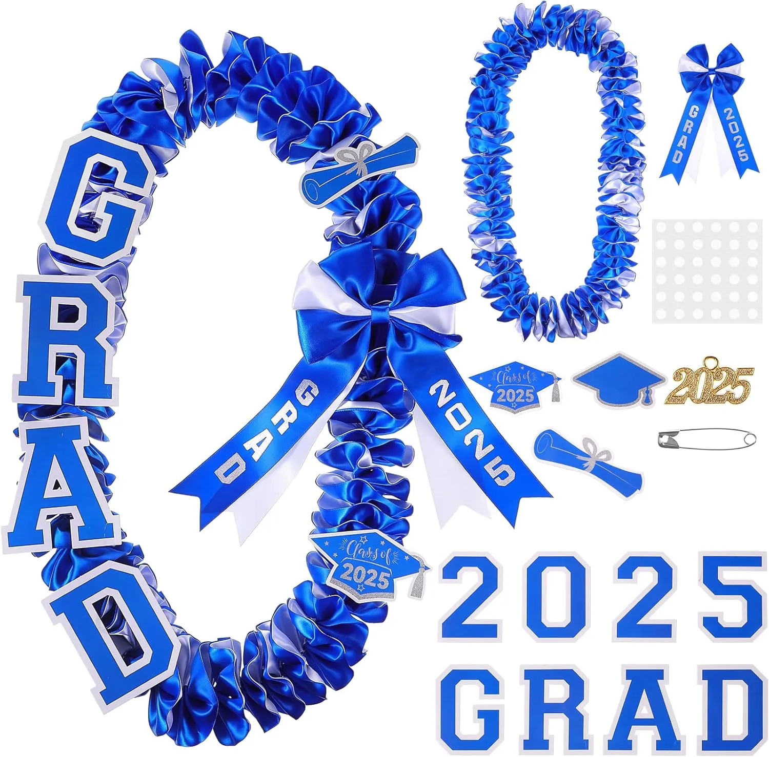 Yinkin Graduation Ribbon Leis Set Class of 2025 Handmade Double Braided Necklace Adjustable Silk Leis Grad Cutouts 2025 Pendant for Graduation Party(Blue and White)