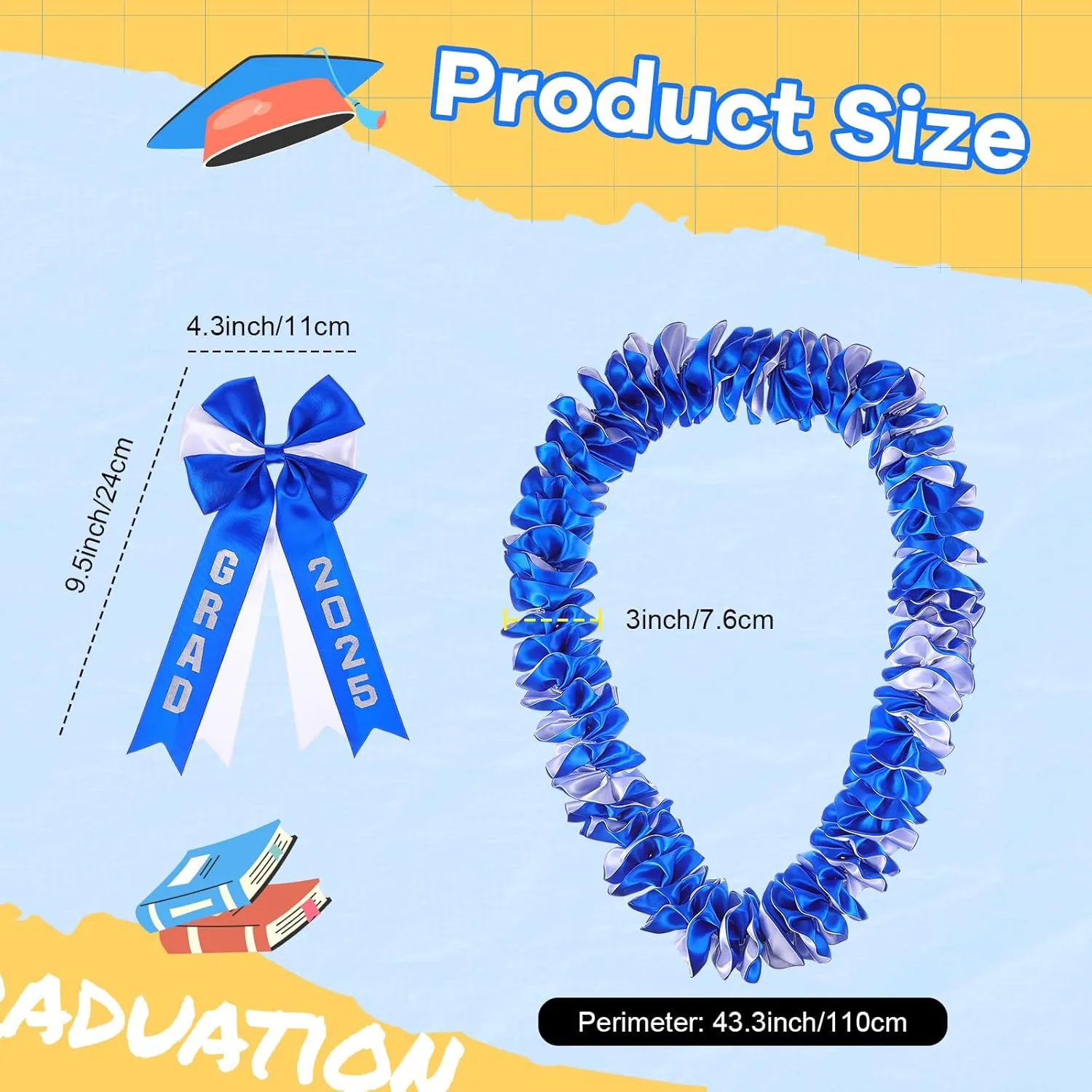 Yinkin Graduation Ribbon Leis Set Class of 2025 Handmade Double Braided Necklace Adjustable Silk Leis Grad Cutouts 2025 Pendant for Graduation Party(Blue and White)