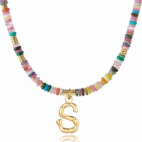 YOUFENG Initial Letter Necklaces for Women Colorful Beaded Gemstone Choker 14K Gold Bamboo Letter Pendant Necklace Natural Stone Handmade Jewelry Gift