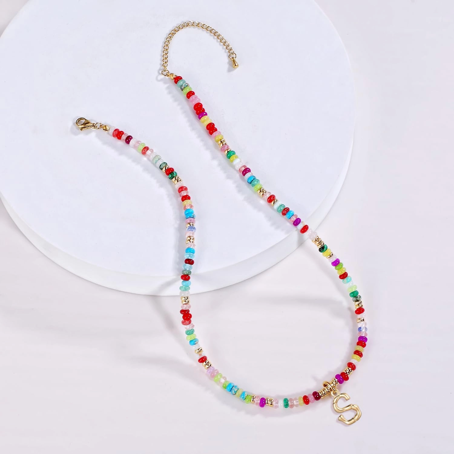 YOUFENG Initial Letter Necklaces for Women Colorful Beaded Gemstone Choker 14K Gold Bamboo Letter Pendant Necklace Natural Stone Handmade Jewelry Gift