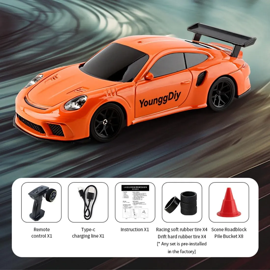 YounggDiy-Remote Control Sports Car, 1/43 Scale 2.4G Full Proportional RC Electric Mini Racing Drift Car Model with Lights Kit (RTR Version)