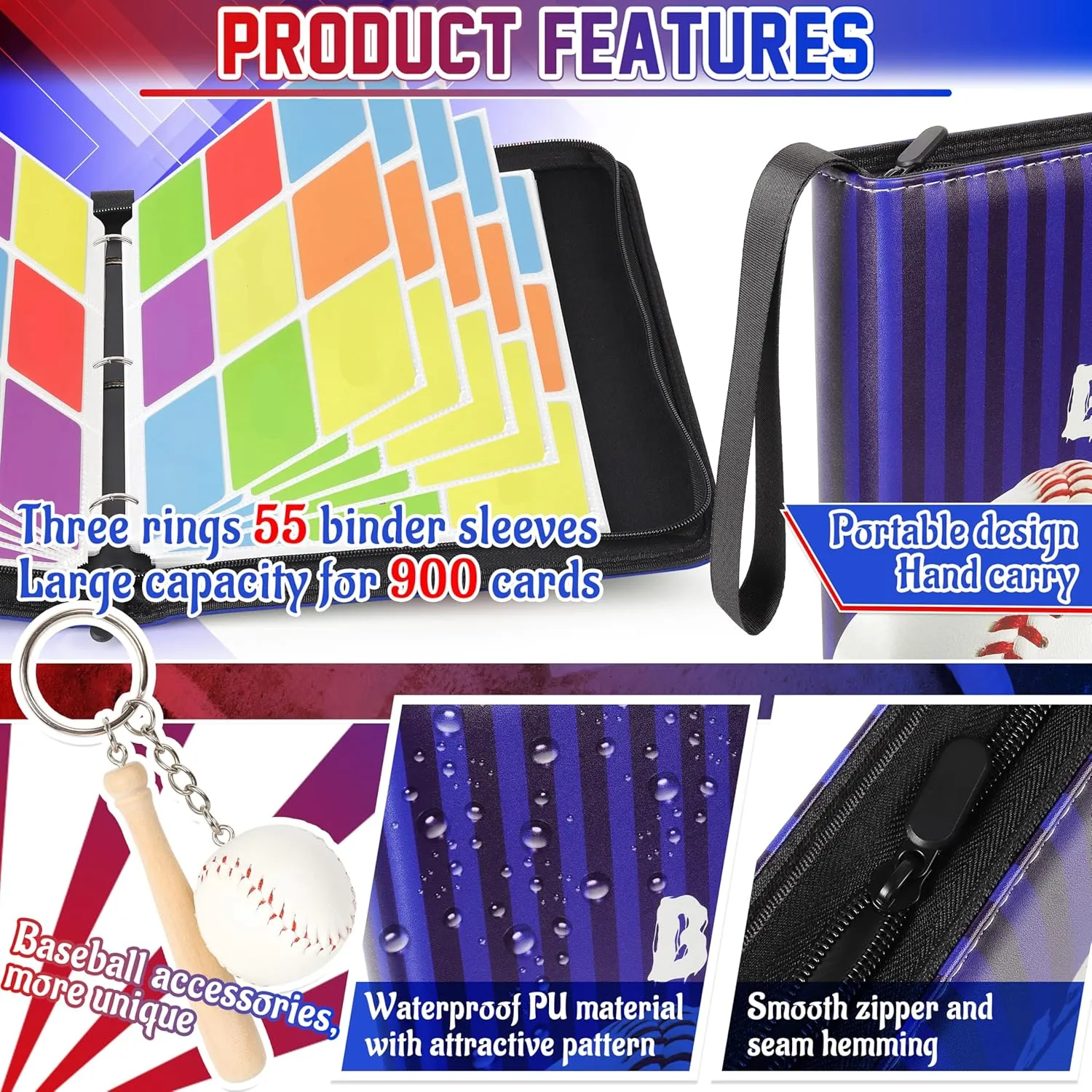ZAIONE 9-Pocket Baseball Card Binder: Large 900 Pockets Collectible Trading Cards Album for Baseball Fans - Zippered PU Sports Card Holder Binder for 2025 Design Gift